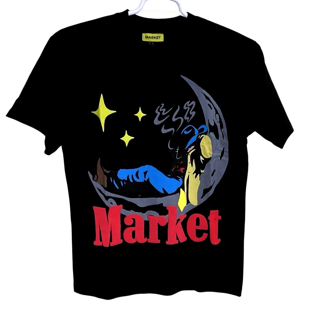 Market Mens Graphic T-Shirt Black Moon‎ Stars Celestial Streetwear Size S